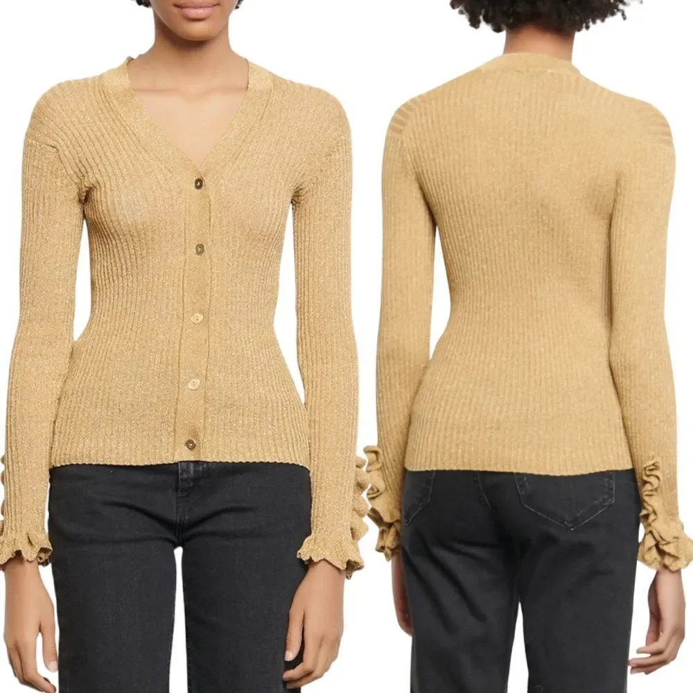 Ruffle Detail Ribbed Metallic Cardigan - Picture 1 of 4